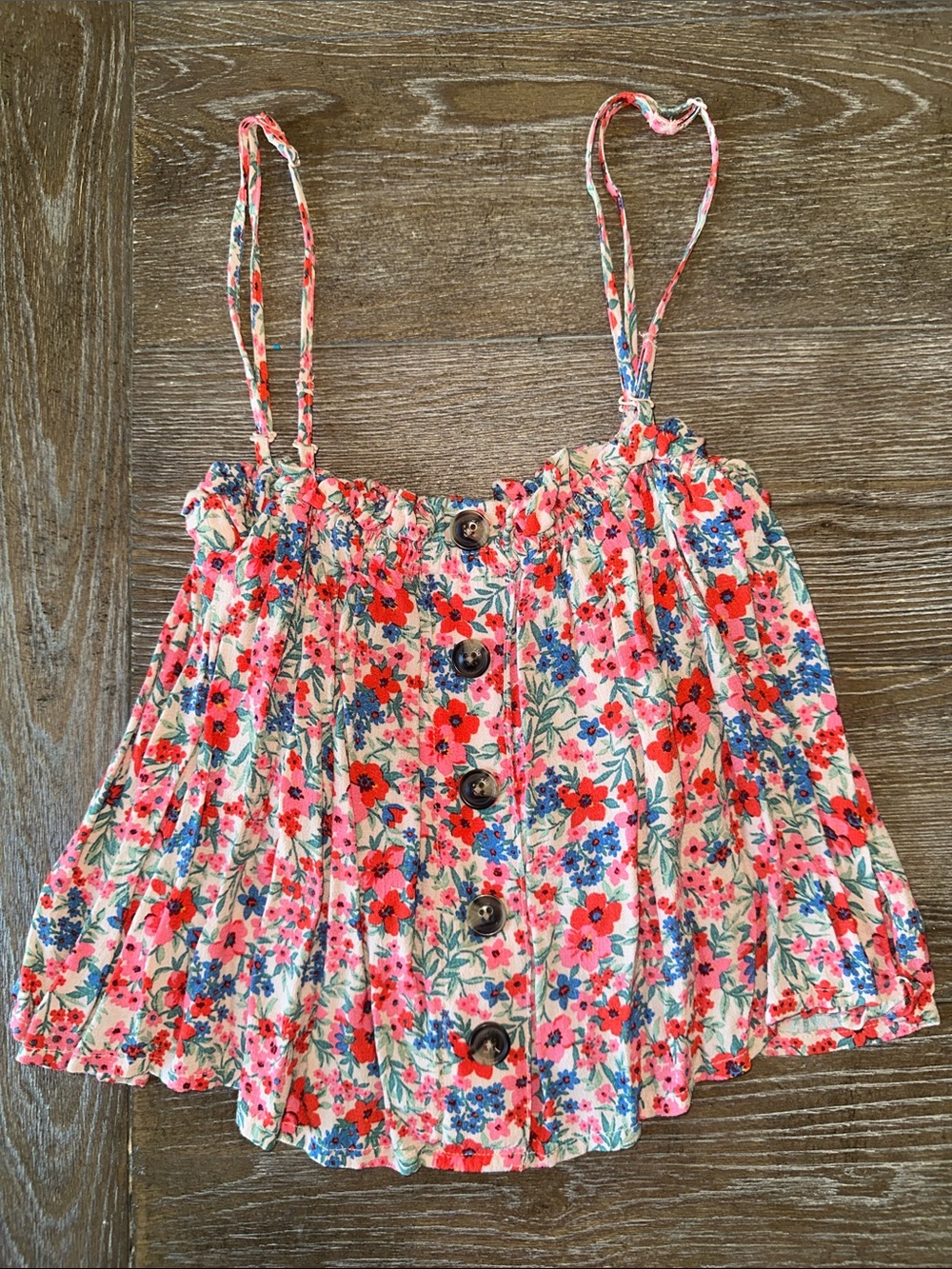 American Eagle Floral Babydoll Cami Medium Pink Blue Button Front Crop Tank Top
